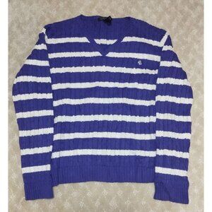 Lauren Ralph Lauren Sweater Women XL Purple White Striped Cable Knit Cotton LRL